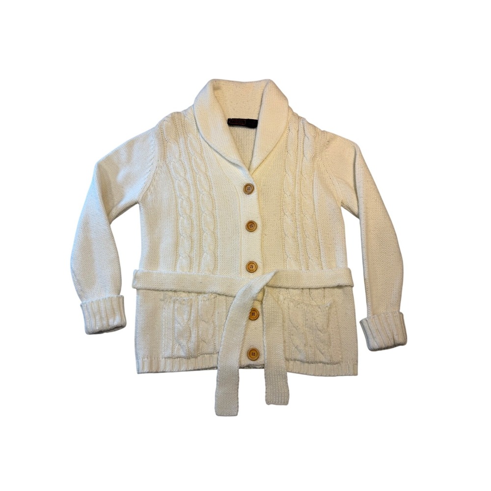 Cottagecore Boho Vintage Cream Cable Knit Belted Cardigan Shawl Collar Natural